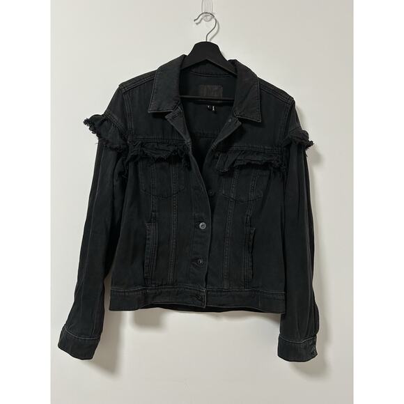 PAIGE RUFFLE HEIDI DENIM JACKET IN NIGHTINGALE BLACK Small Raw Edge Jean Womens - Picture 1 of 10